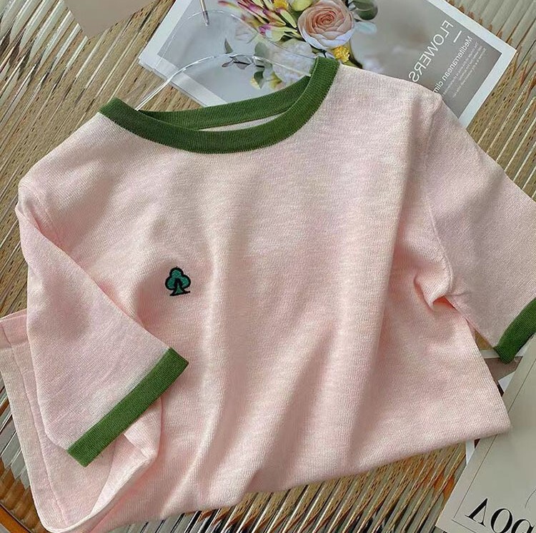 This year's popular beautiful foreign style small shirt unique super beautiful top pink green edge short sleeve round neck T-shirt summer women
