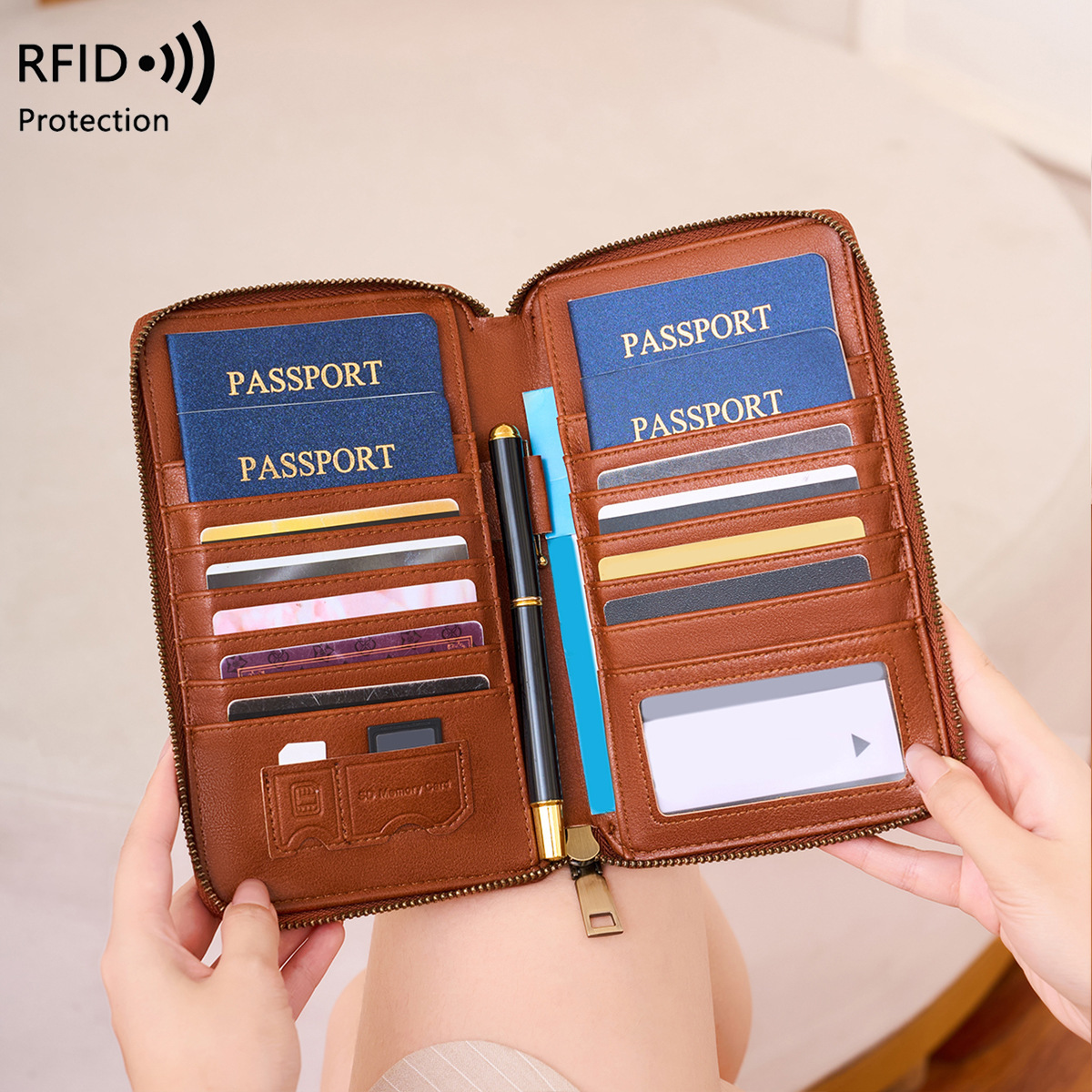 Cross-border 2025 New RFID Anti-theft Passport Holder Zipper Long Travel Passport Bag Stylish and Portable Document Bag