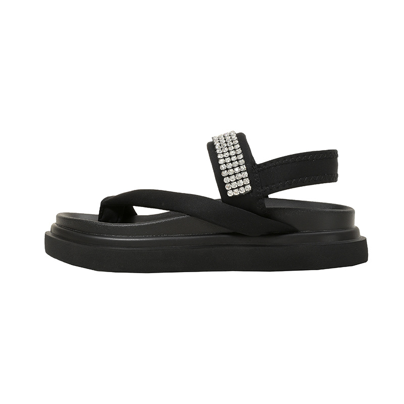 Station européenne 2024 été semelle épaisse croix bande élastique sandales femmes strass pince orteil chaussures romaines vacances chaussures de plage tendance_voghion.com