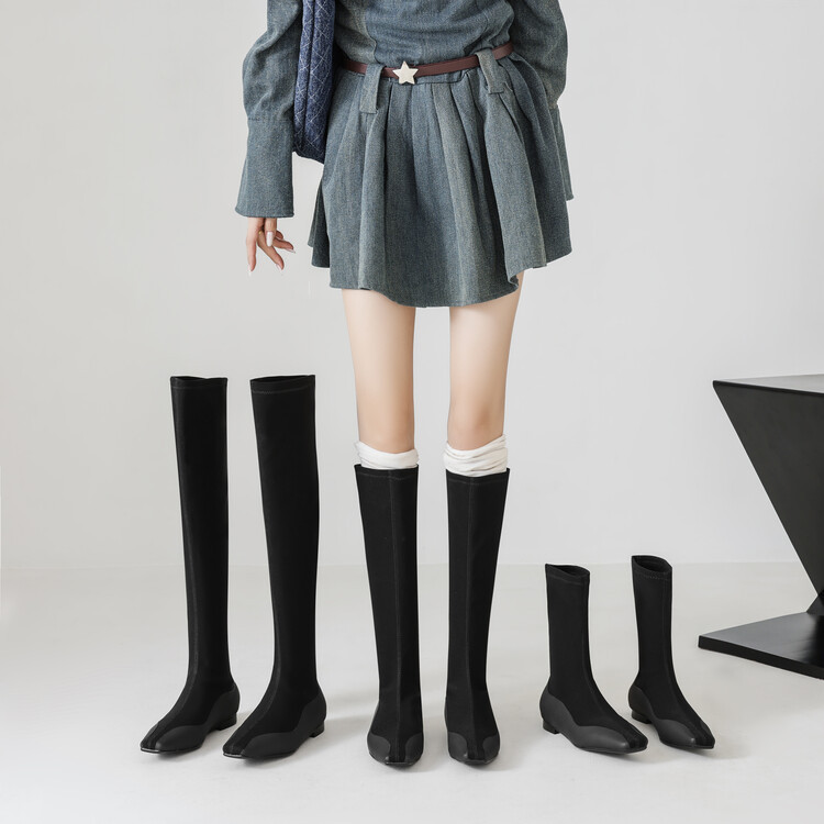 2024 Autumn and Winter Square Toe Short and Medium Boots Flats Flat Heel Elastic Slim Boots Spliced Black Fashion Boots 8-20E 2024 Autumn and Winter Square Toe Short and Medium Boots Flats Flat Heel Elastic Slim Boots Spliced Black Fashion Boots 8-20E