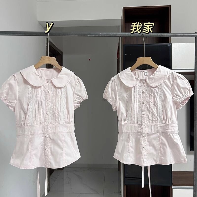 mm62 Sweet Peach Pink Doll Collar Waist-Cinching Short-Sleeve Shirt for Women, Summer Design with Lace Trim mm62 Sweet Peach Pink Doll Collar Waist-Cinching Short-Sleeve Shirt for Women, Summer Design with Lace Trim