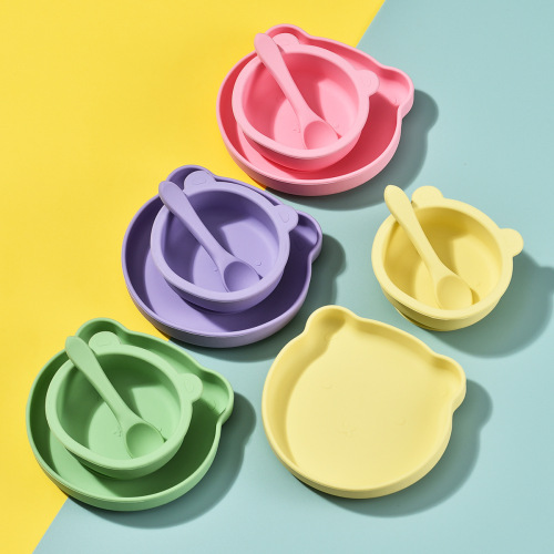 Wholesale Silicone Plates for Children, Cartoon Bear Baby Dishes Set, Silicone Bowl for Baby Food, Silicone Spoon, Maternity and Baby Supplies