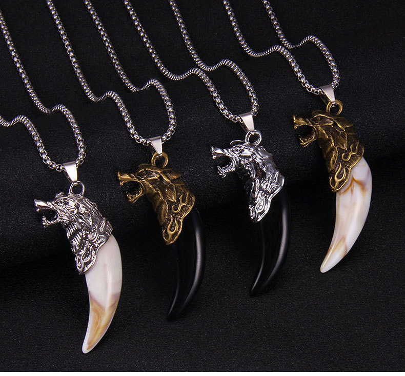 24g Weight Zinc Alloy Pendant Material Ethnic Style Wolf Tooth Stainless Steel Alloy Inlay Acrylic Men'S Pendant Necklace