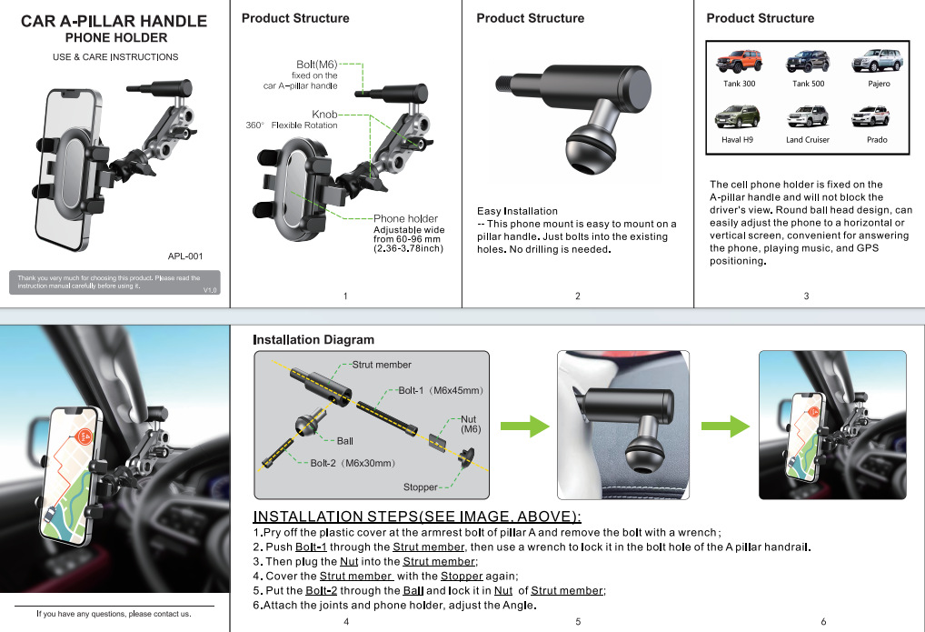 MaiLuoZhe is suitable for Land Cruiser, Tank 300, 500, Prado A-pillar handle-mounted car phone holder