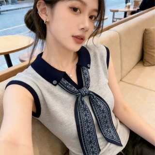 设计感丝巾领带正肩针织T恤女2026超火减龄夏季韩系气质坎肩上衣