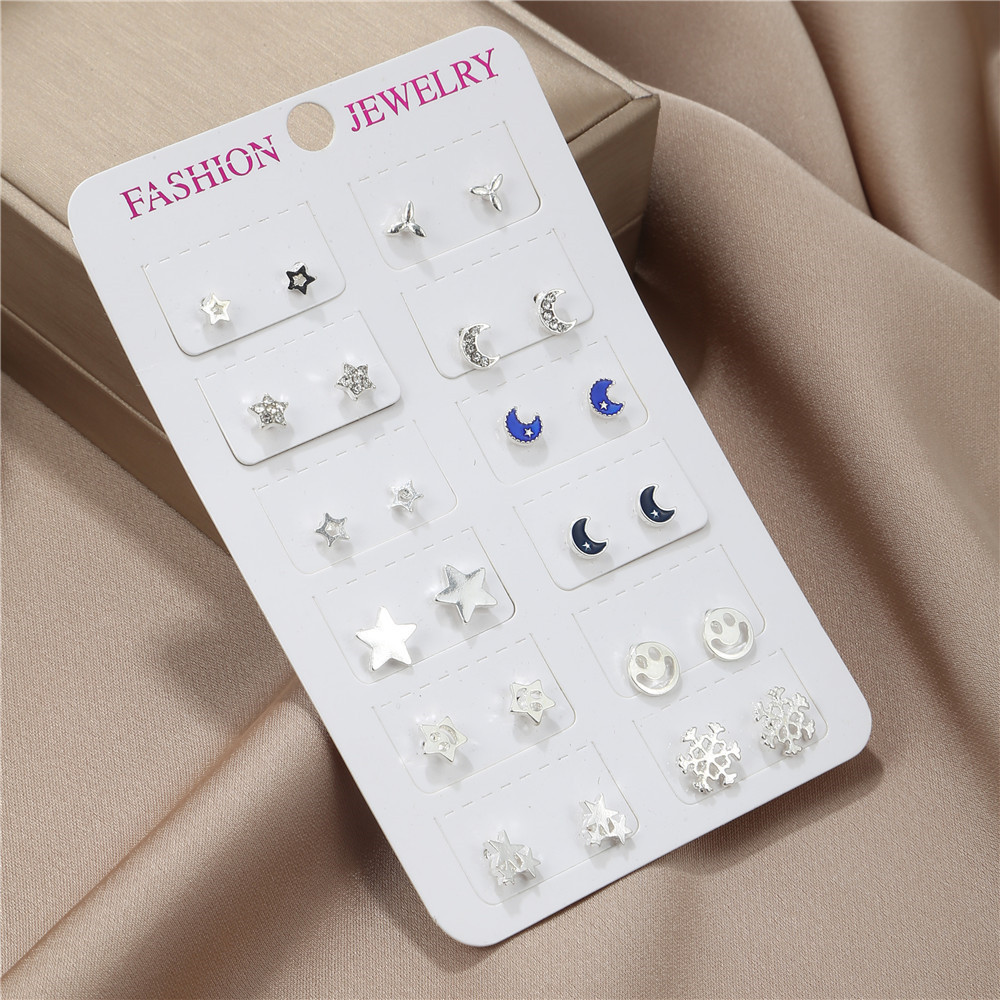 12 Pairs Of Silver Ear Studs Suit Fashion New Simple Earring Wholesale display picture 2