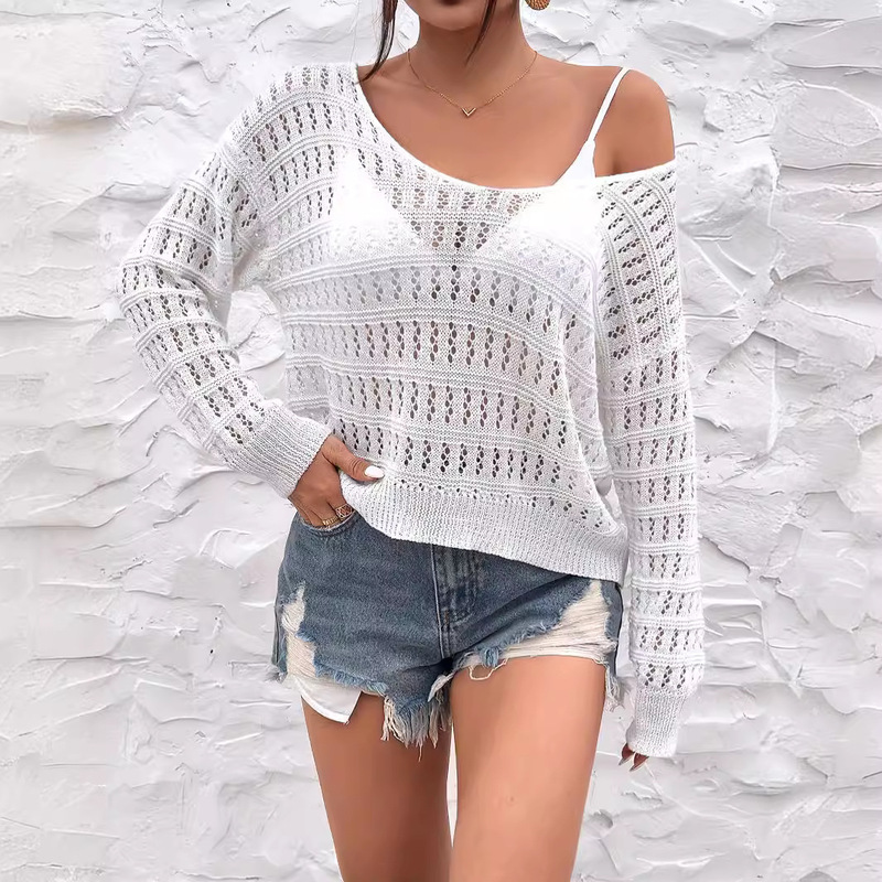 Spring and Summer Beach European and American New Women's Crochet Hollow Shoulder Large Round Neck Long Sleeve Sweater Knitted Top Blouse