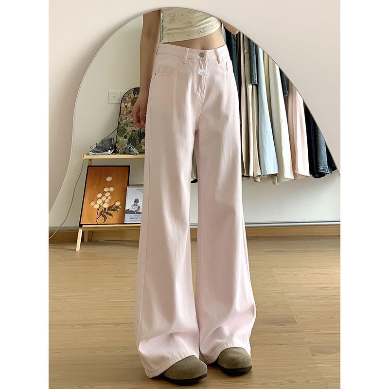 Light Pink Wide-Leg Jeans for Women 2025 New Dopamine Sweet Cool High-Waisted Slimming Loose Floor-Length Straight Pants