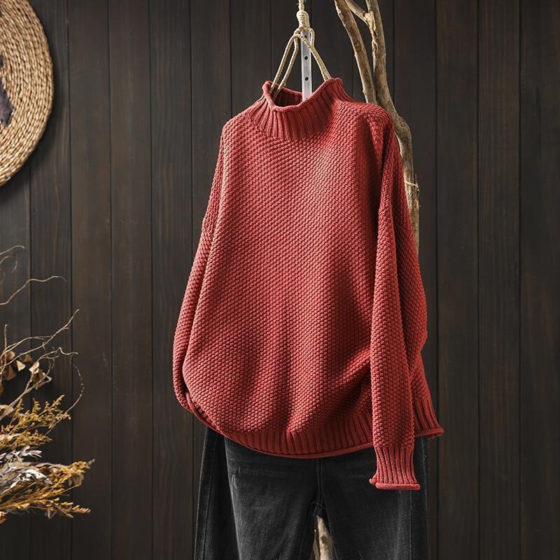 Red Vintage-Style Half-Turtleneck Sweater for Women, Loose Oversized Fit, 2026 Autumn and Winter Casual Pullover Knit Base Shirt