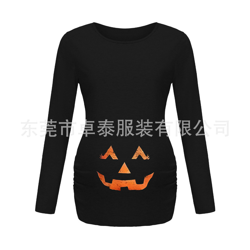 Factory Direct Sales Spot Round Neck Maternity Wear Long-Sleeved Tops Halloween Pumpkin Smiley Cartoon Pattern Casual and Comfortable Factory Direct Sales Spot Round Neck Maternity Wear Long-Sleeved Tops Halloween Pumpkin Smiley Cartoon Pattern Casual and Comfortable