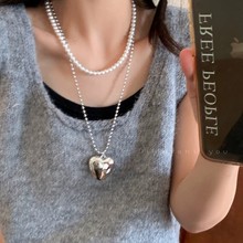 韩国博主银色金属爱心米珠项链女简约小众高级长款配饰个性锁骨链