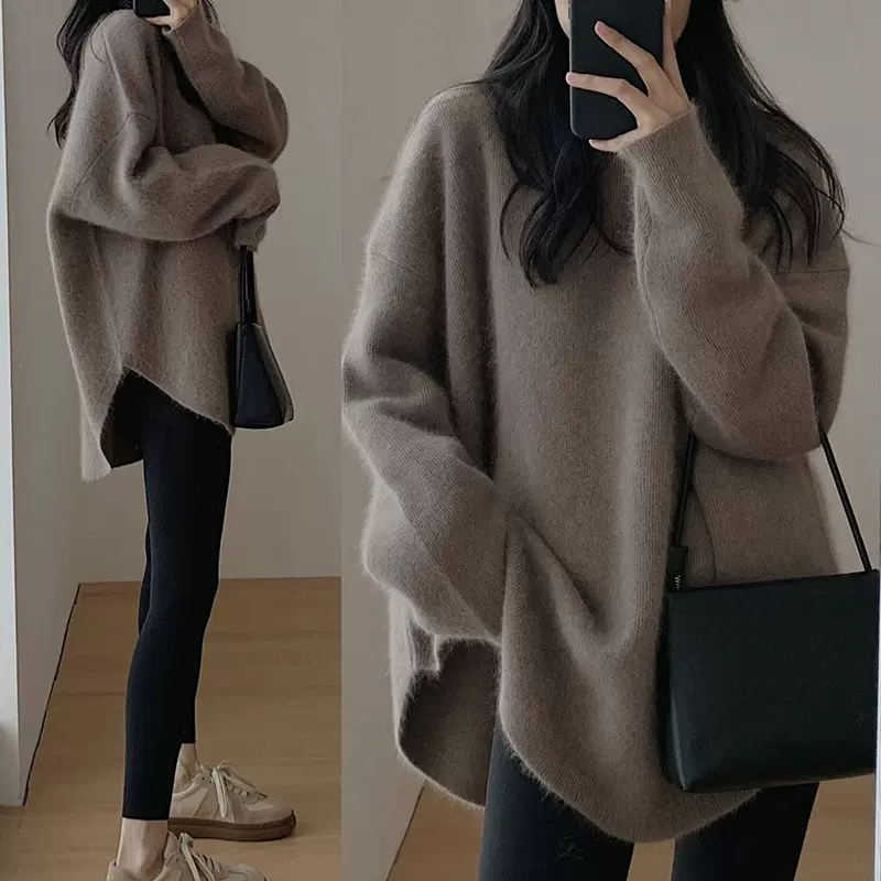 中长款开叉毛衣女秋冬宽松大码温柔慵懒风上衣软糯保暖内搭针织衫