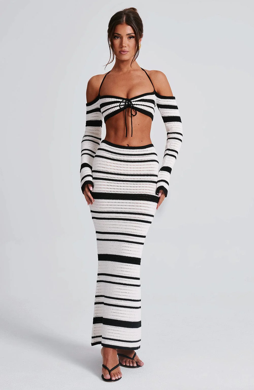 427g Weight Long Sleeve Sleeve Length Polyester Fabric Type Skirt Co-ord Set Sets Type 2 Pieces Set Quantity Holiday Occasion Halter Neck Neckline Comfort Function Regular Fit Fit Type Stripe Pattern Summer Season Women's Gender Streetwear Style Holiday Women's Streetwear Stripe Polyester Skirt Co-ord Set Skirt Sets 3
