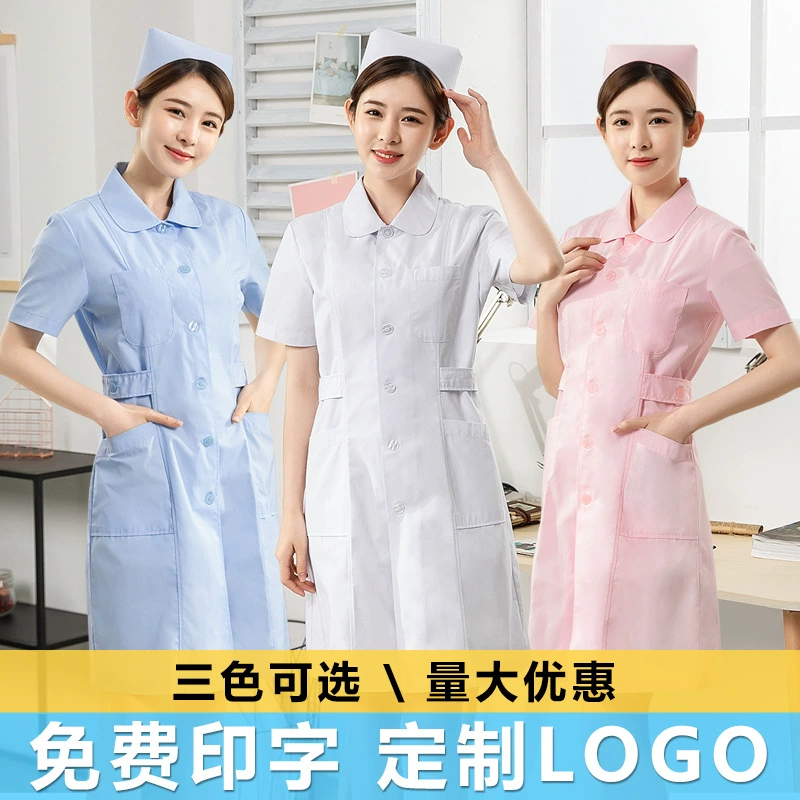 Женская униформа медсестры с короткими рукавами, круглым вырезом и воротником-стойкой, розово-белый приталенный халат, комплект верхней одежды для студенток и работников сферы красоты, высокая эластичность