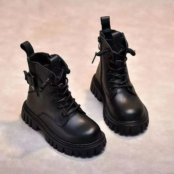 Fashionable Kidsren's Boots 2025 Autumn and Winter New Style Girls' Boots British Style Fleece-Lined Little Girls' Boots