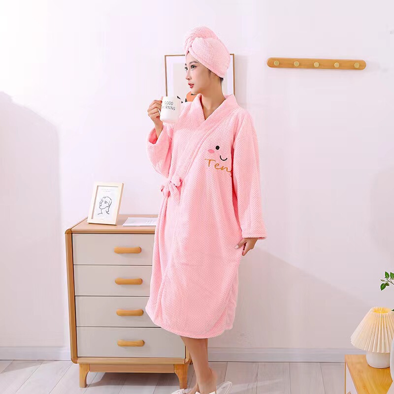 Bathrobe Women Can Wear Bath Towel Coral Velvet Thickened Household Cross Strap Long Sleeve Bath Skirt Dry Hair Cap Wholesale Soft