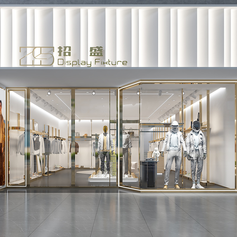 Estantes de ropa de hombre de acero inoxidable en la pared columnas del cielo simple cabina de exhibición de ropa tienda de ropa estante de exhibición estante oro
