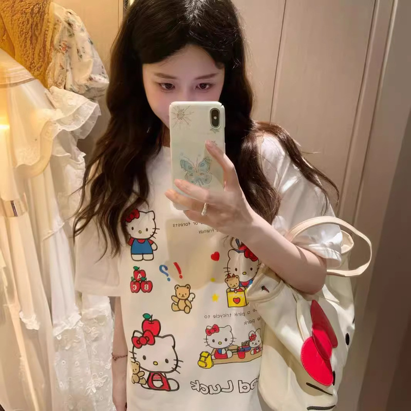 Cotton Korean Style Girly Style Outwear Age Reducing Cute Hello Kitty Printed Short Sleeve Playful T-shirt Sweet Mid-length Cotton Korean Style Girly Style Outwear Age Reducing Cute Hello Kitty Printed Short Sleeve Playful T-shirt Sweet Mid-length