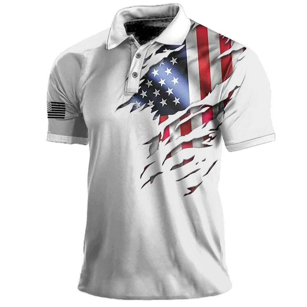 2023 Transfronterizo europeo y americano Amazon 3D impresión digital solapa de manga corta jersey casual para hombre camiseta con botones POLO