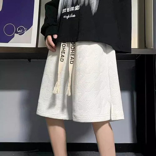 2024 American Men's Knee-length Waffle Shorts Summer Casual Knitting Drawstring Sports Loose Sportswear 