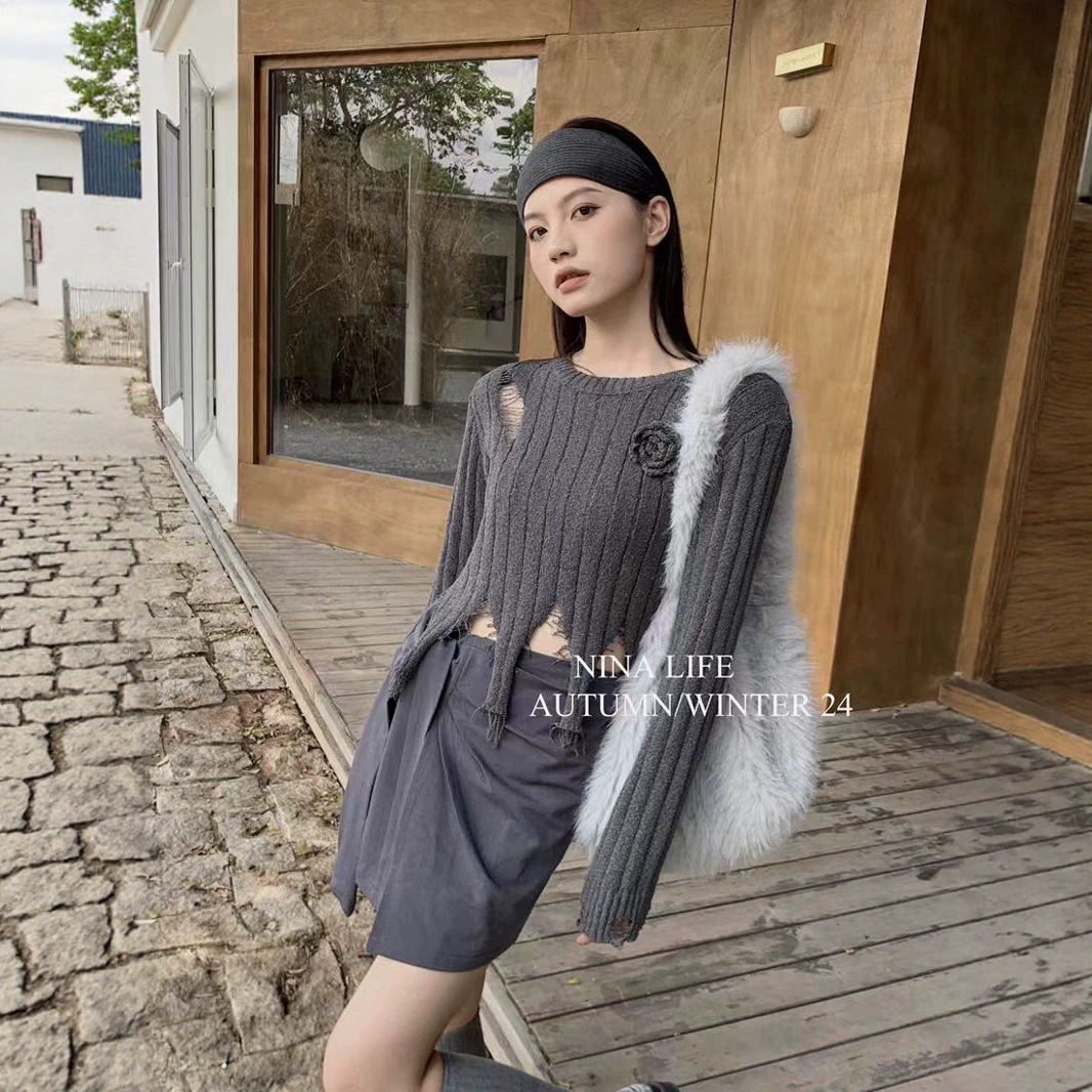 2025新款韩国破洞撕毁短款露脐圆领长袖修身针织衫毛衣短款修身