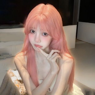 Wig Women's Long Hair Pink Cyber Red Air Bangs lolita Daily Round Face cos Long Straight Hair Natural Full Head Cover