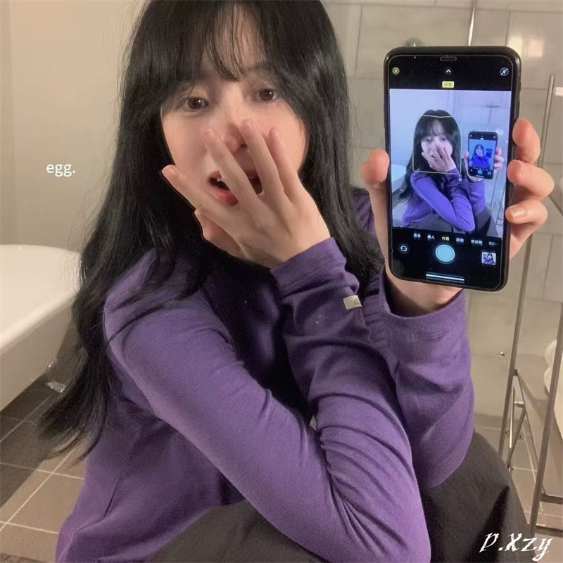 020秋季2025新款慵懒风松弛感纯色上衣薄棉长袖打底衫女士弹力T恤|undefined