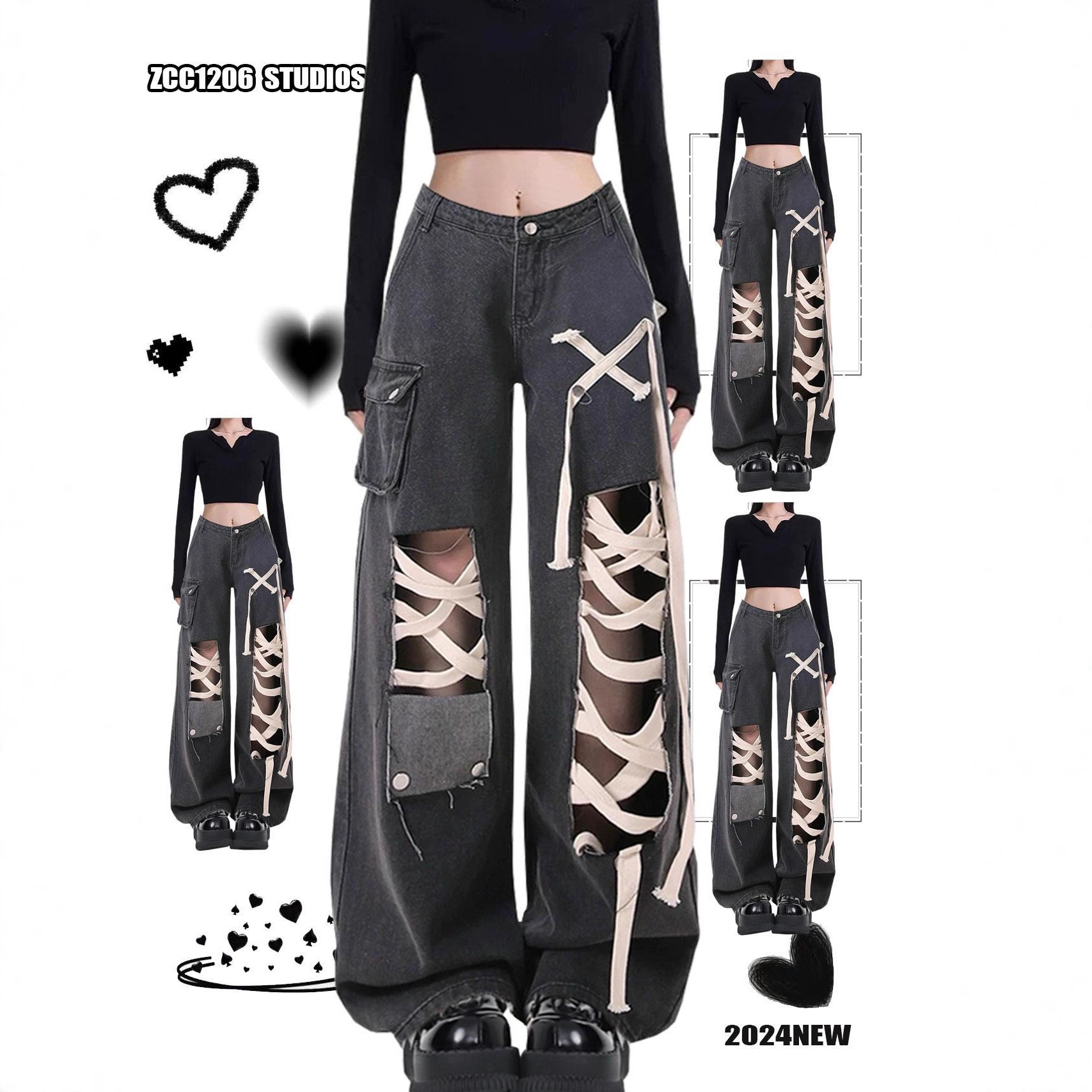 American Retro Black Ripped Jeans for Women with Punk Style Straight-Leg Loose Wide-Leg Floor-Length Pants