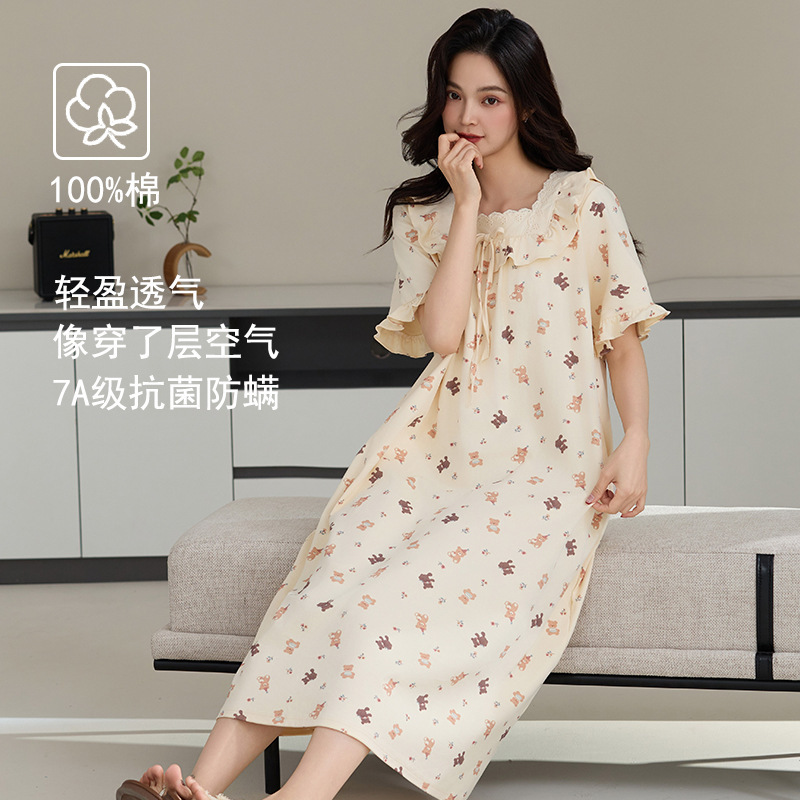 クラス A 抗菌ナイトガウン女性の夏の純粋な綿の半袖ドレスロングプラスサイズは外で着用できます女性のための綿のパジャマ|undefined