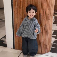 男童卫衣儿童春秋装2025新款洋气薄款条纹打底衫女宝宝连帽上衣潮