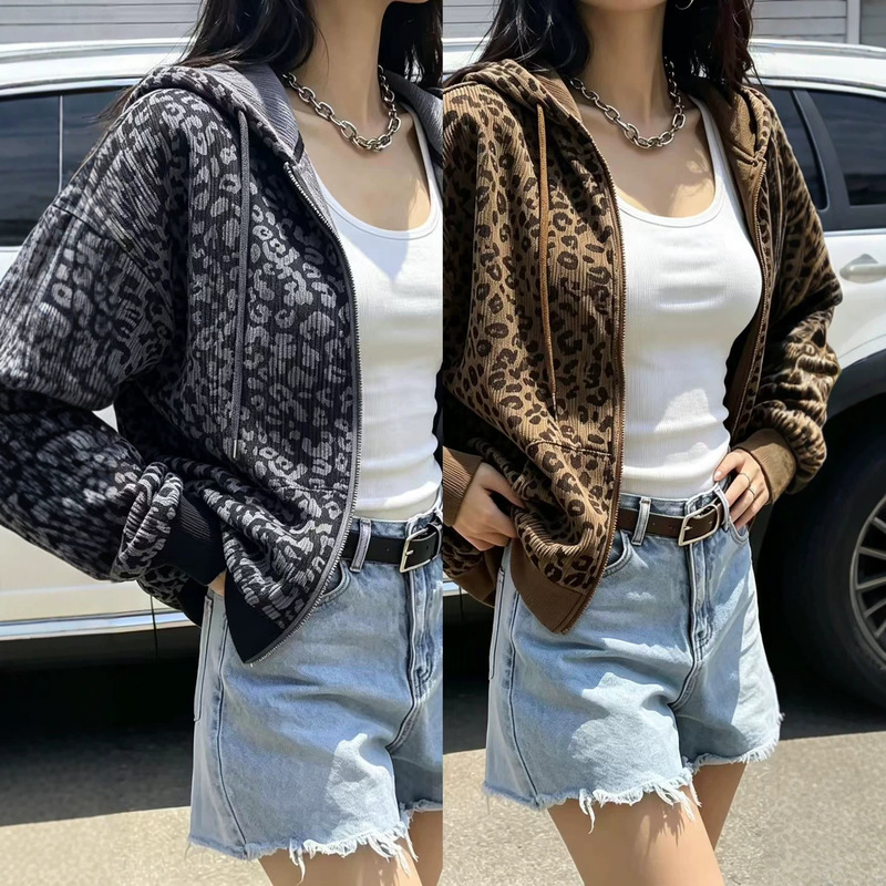 Cross-Border American High Street Retro Leopard Print Hooded Cardigan, Niche Casual Versatile Loose Long-Sleeved Top Jacket for Women Cross-Border American High Street Retro Leopard Print Hooded Cardigan, Niche Casual Versatile Loose Long-Sleeved Top Jacket for Women