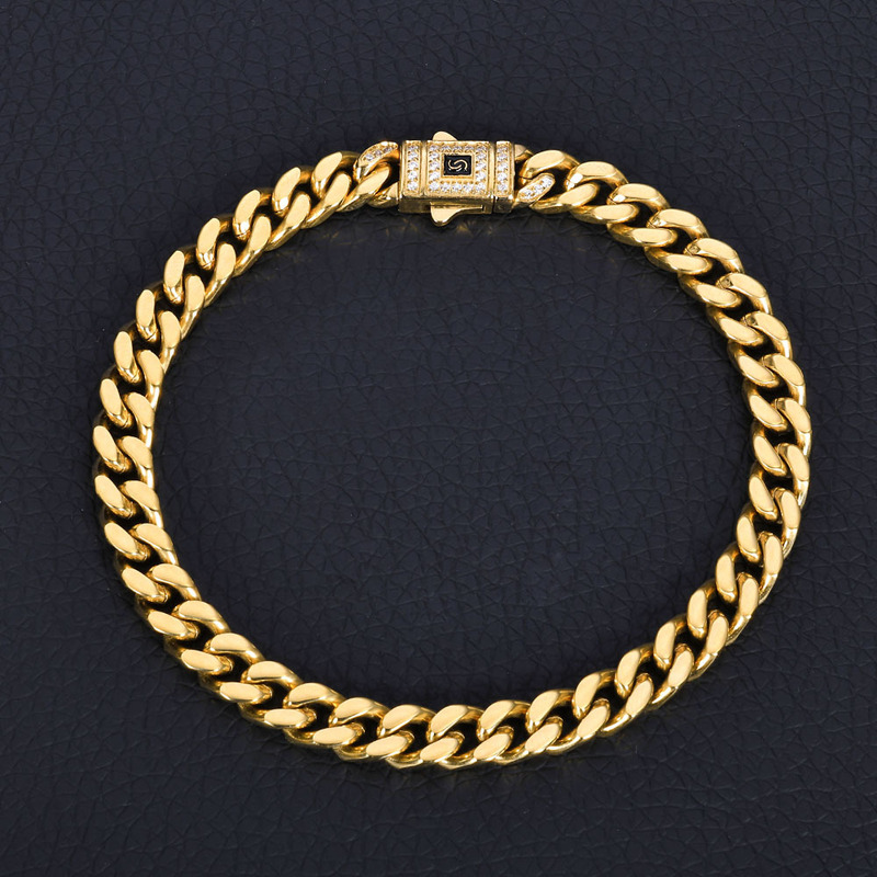 European and American Hip-Hop 14K Gold Four-Sided Polished Cuban Chain Cross-Border Fashion Jewelry Trendy Men's Stainless Steel Bracelet Accessories Customization