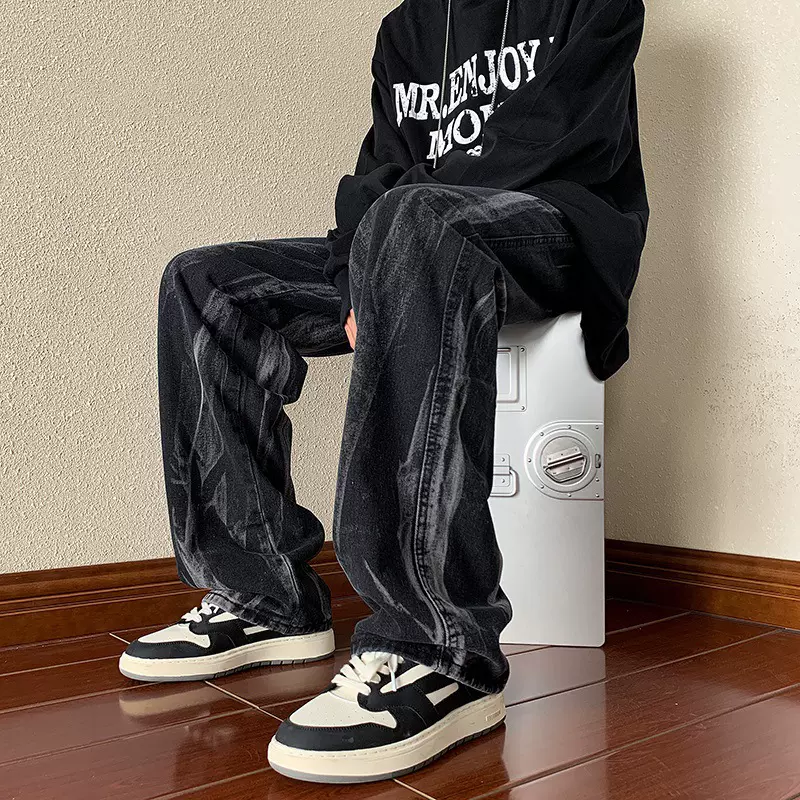 美式vibe风裤子高街潮牌设计感小众水洗拉链黑色牛仔裤男春秋长裤