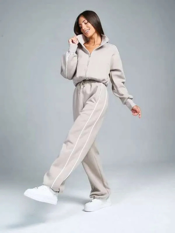 Women's Spring Autumn Sports Leisure Suit Loose Striped Sweatshirt Cardigan Trousers Fashion Pant Set Polyester Full Length_ecoleips.com