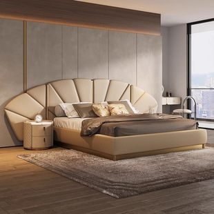 Italian Light Luxury Leather Bed Modern Minimalist Villa Double Bed French Large Bedroom Leather Art Bed Furniture Large Bed