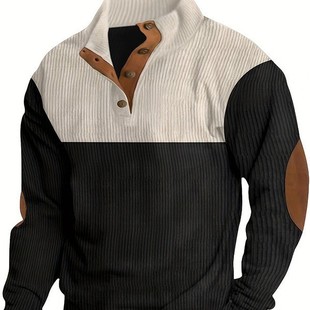 Cross-Border European Size Men's Spring and Autumn Outdoor Casual Button-Up Half-Zip Stand Collar Jacket Color-Blocked Pullover Sweatshirt Trendy Color-Blocking