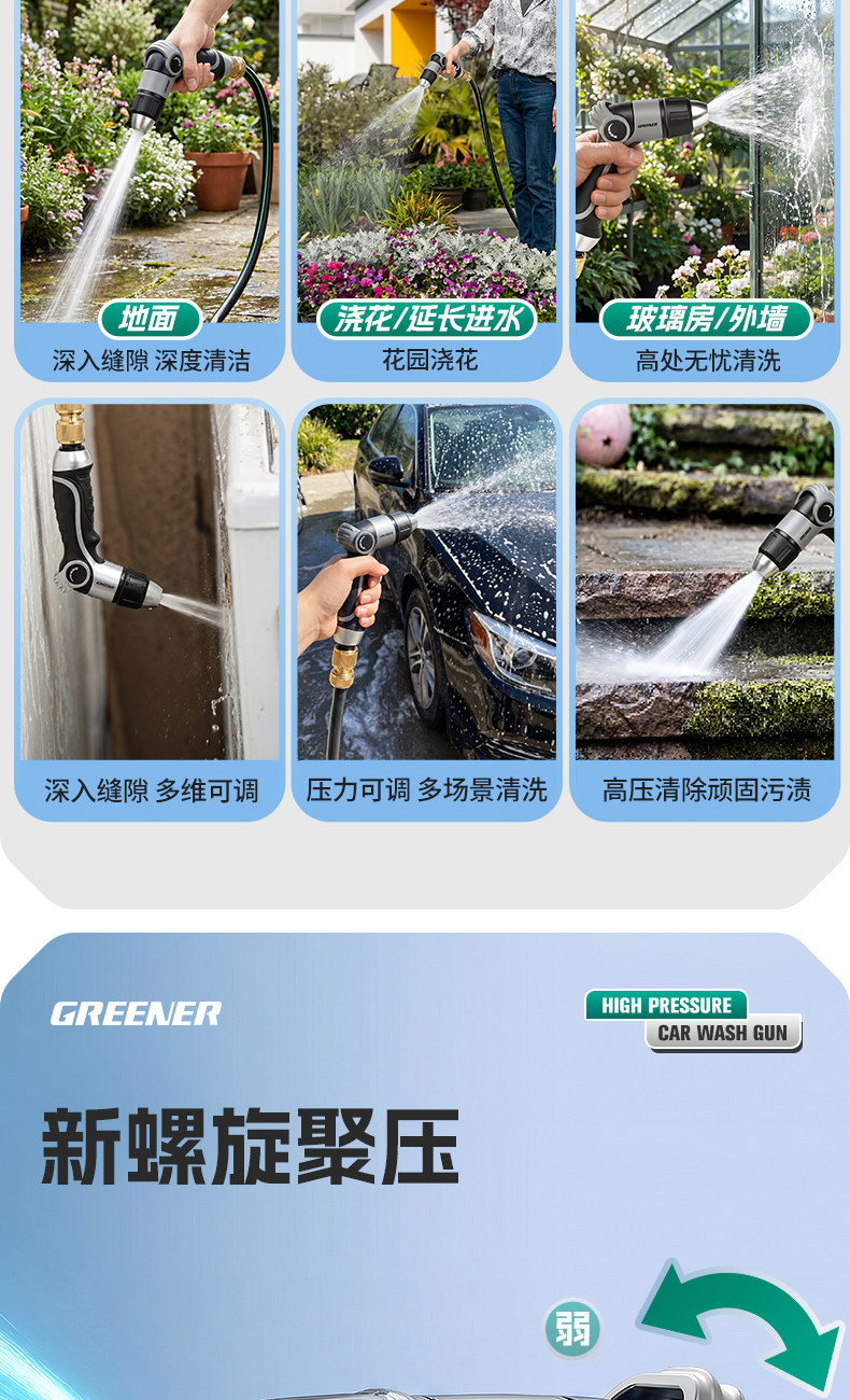 Green Forest High-Pressure Car Wash Water Gun for Home Use, Window and Yard Cleaning, Telescopic Hose, Connects to Tap Water, Powerful Pressure-Boosting Nozzle