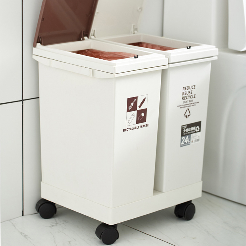 Household Trash Bin for Sorting Garbage, Double Bin, Triple Bin, with Universal Wheels, Lid, Press-Type, for Living Room, Kitchen, Dry and Wet Separation