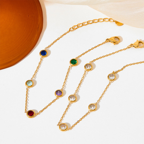 New stainless steel color-preserving colorful zircon bracelet and necklace set with exquisite beaded zircon niche design jewelry