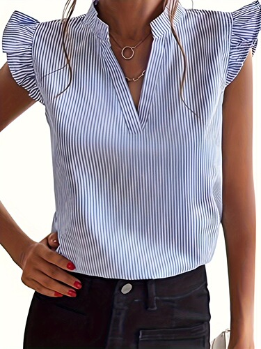 Chic Striped V Neck Blouse – Summer Ready Casual Feminine