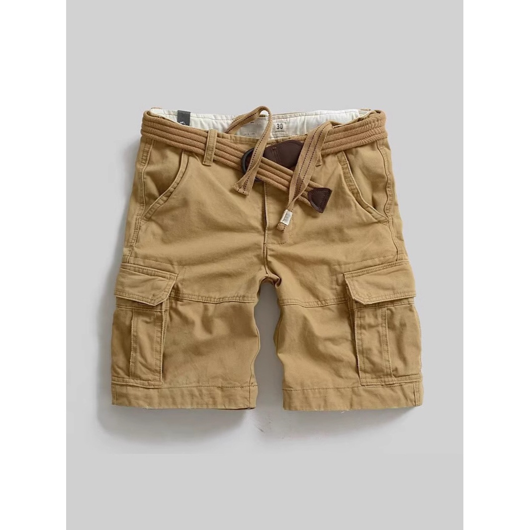 Heavyweight American Retro Cargo Shorts Summer Men's Multi-Pocket Loose Straight Casual Knee-Length Shorts Cross-Border