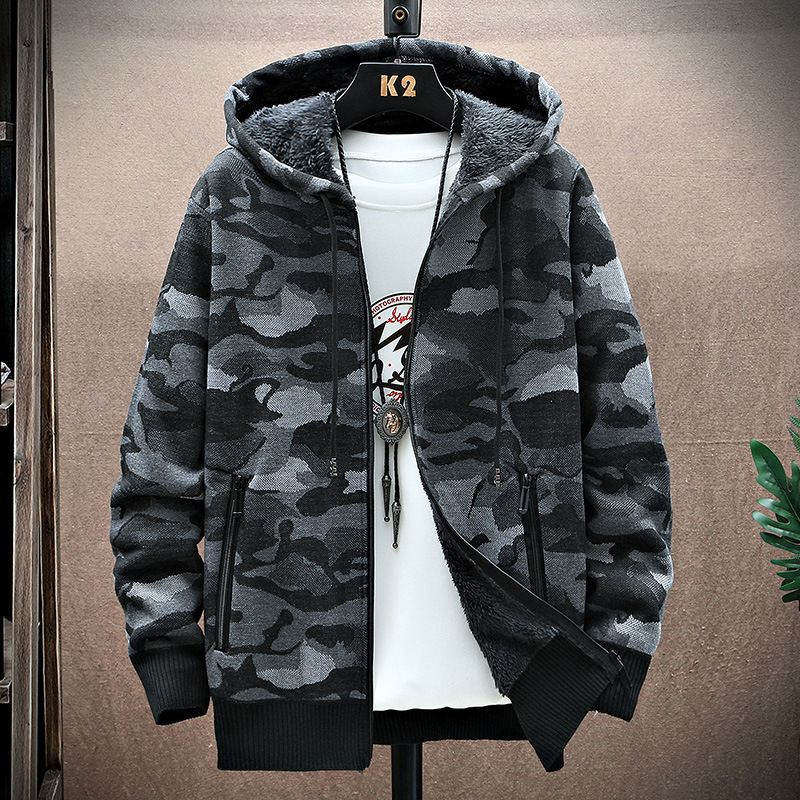 Autumn and Winter New Camouflage Middle-Aged Velvet Trendyy Knitwear Cardigan Knitwear Jacket Hooded Loose Men's Jacket Autumn and Winter New Camouflage Middle-Aged Velvet Trendyy Knitwear Cardigan Knitwear Jacket Hooded Loose Men's Jacket