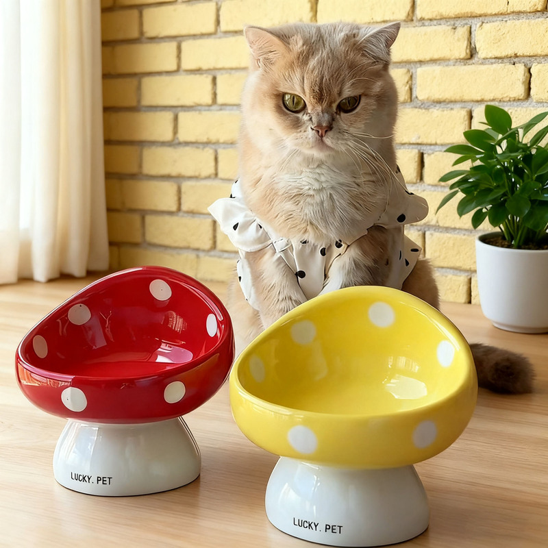 高品質なキノコ型猫用食器、セラミック製猫用フードボウル、高さ調整可能で頸椎を保護、転倒防止、高脚ペットフードボウル|undefined