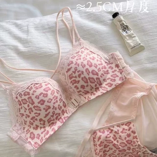 粉色豹纹前扣内衣套装女小胸聚拢无钢圈美背收副乳文胸内裤一套