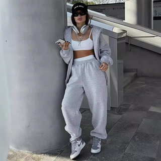 跨境亚马逊卫衣女2026新款连帽欧美纯色开衫卫衣束脚套装两件套女