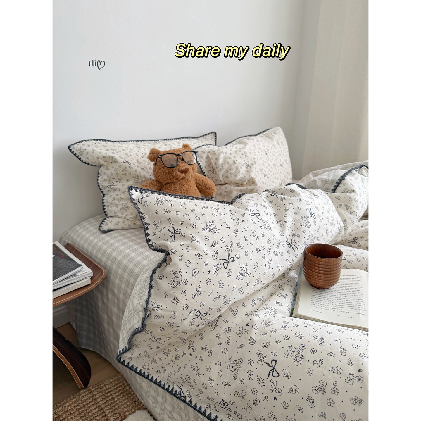 Cama fresca con cuatro piezas de algodón 100% cubierta de edredón de algodón dormitorio con tres piezas de sábanas de cama super suave ~ dormir desnudo ~