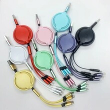 适用苹果一拖三伸缩线素材typc-c快充数据线迈扣v8充电2a面条扁线