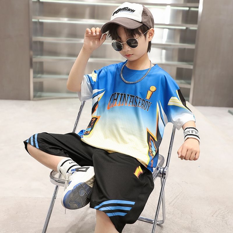 Boys' ice silk sportswear set, new short sleeved shorts, stylish medium to large children's quick drying clothes_voghion.com