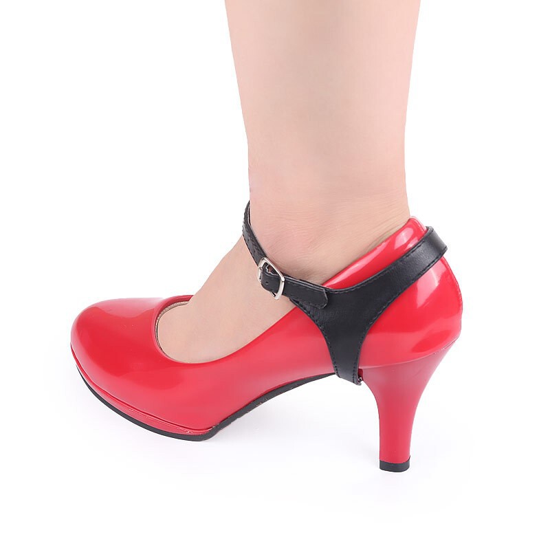 Women's single-layer shoes high heels anti-fall heel leather lace-up shoelaces do not follow the feet around the ankle with lazy shoes buckle