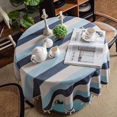 Yimanqiyun tablecloth blue yarn-dyed striped tassel imitation cotton and linen tablecloth round table coffee table art rectangular